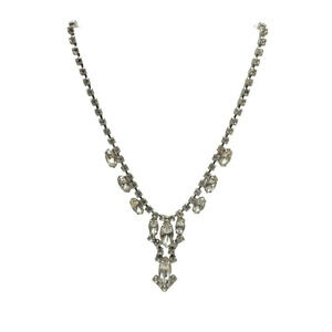 Clear Rhinestone Crystal Y Drop Necklace Hook Closure Silver Tone Vintage